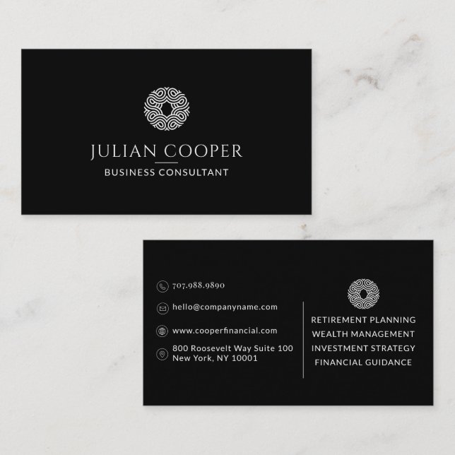 Carte De Visite Conseiller financier moderne noir (Devant / Derrière)