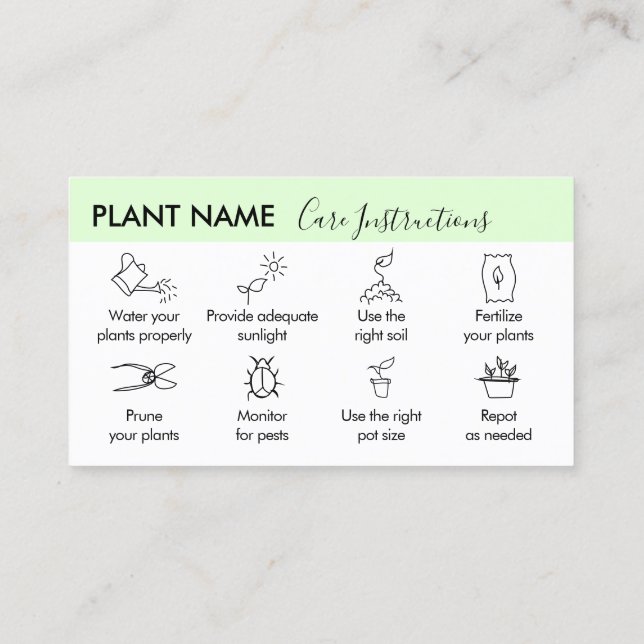 Carte De Visite Conseils d'entretien des plantes Instructions pour (Dos)