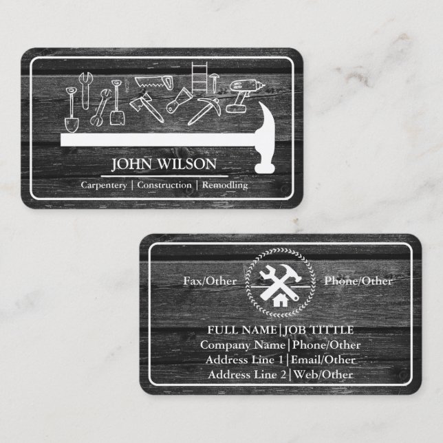 Carte De Visite Constructeur Professionnel Charpentier Outils Menu (Devant / Derrière)