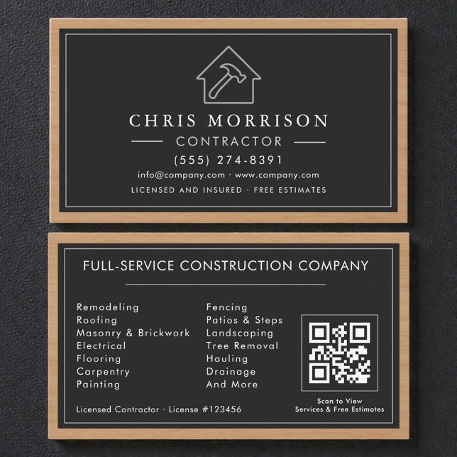 Carte de visite Construction Bois Noir Argent QR C (Créateur téléchargé)