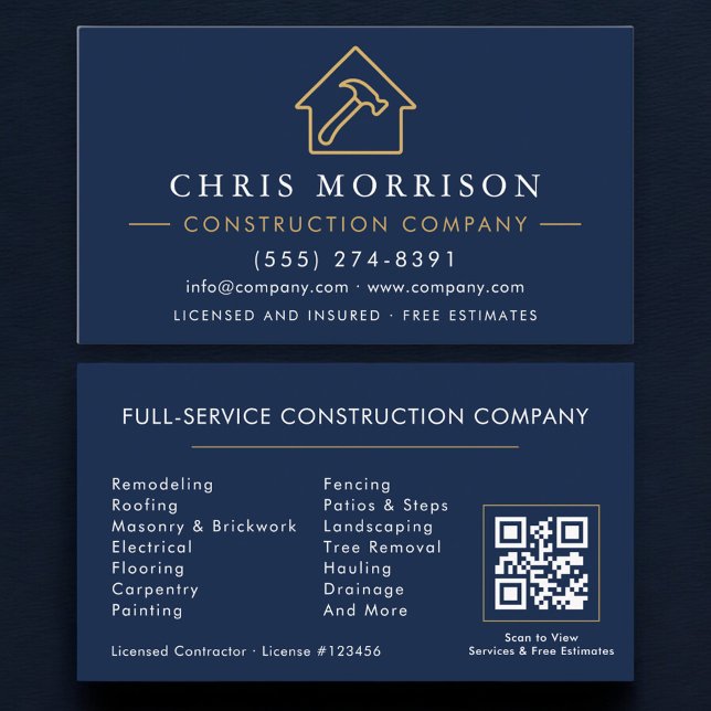 Carte De Visite Construction Company QR Code Navy Blue Gold  (Créateur téléchargé)