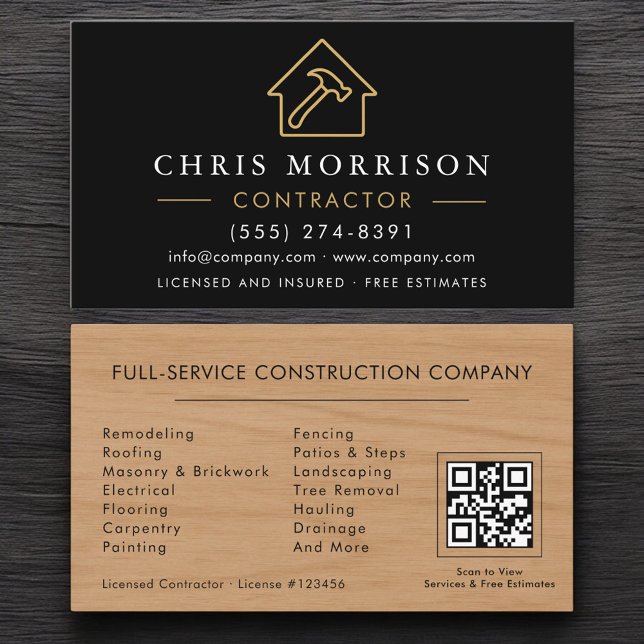 Carte De Visite Construction de bâtiments Code QR Bois Or Noir  (Créateur téléchargé)