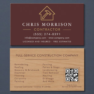 Carte De Visite Construction de bâtiments en bois Burgundy Gold QR