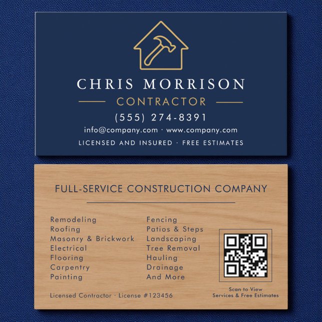 Carte De Visite Construction de bâtiments en bois Code QR Navy Blu (Créateur téléchargé)