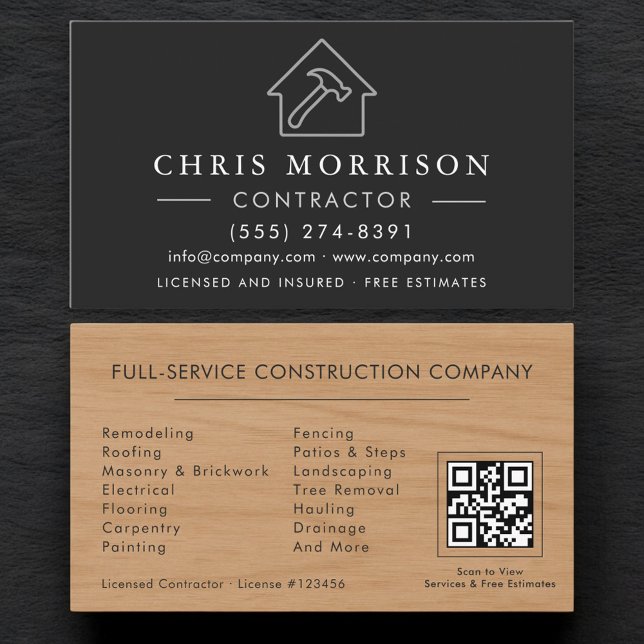 Carte De Visite Construction de bâtiments en bois Code QR noir arg (Créateur téléchargé)