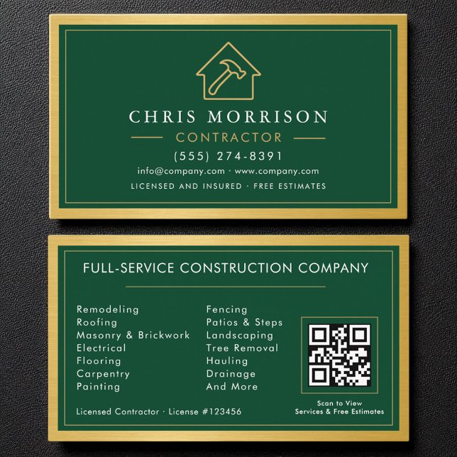 Carte De Visite Construction de bâtiments Vert Or Métal Code QR (Créateur téléchargé)