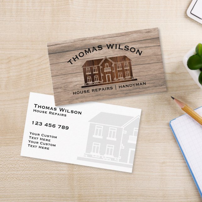 Carte De Visite Construction de bois rustique Outils de menuisier (RUSTIC HOUSE ON THE WOOD TEXTURE BACKGROUND HOME REPAIR BUSINESS CARD)