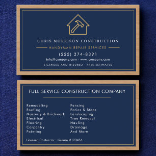 Carte De Visite Construction de bricoleur de bois Bleu marine Or