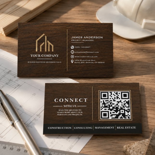 Carte De Visite Construction de code QR à grain de bois moderne (Modern Wood Grain QR Code Construction Business Card
)