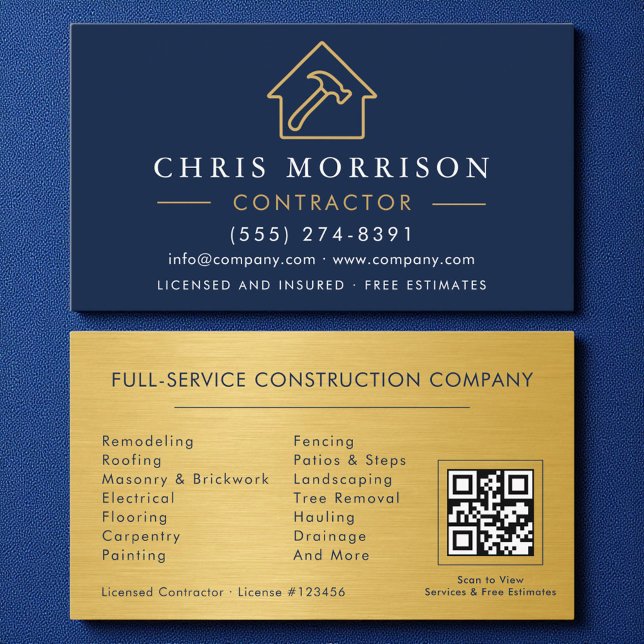 Carte De Visite Construction en métal or QR Code Marine Bleu (Créateur téléchargé)