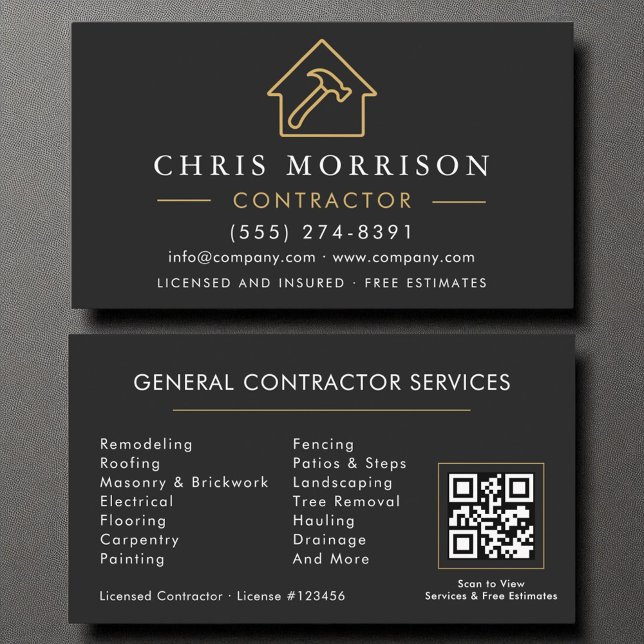 Carte De Visite Construction générale moderne Black Gold QR Code (Créateur téléchargé)