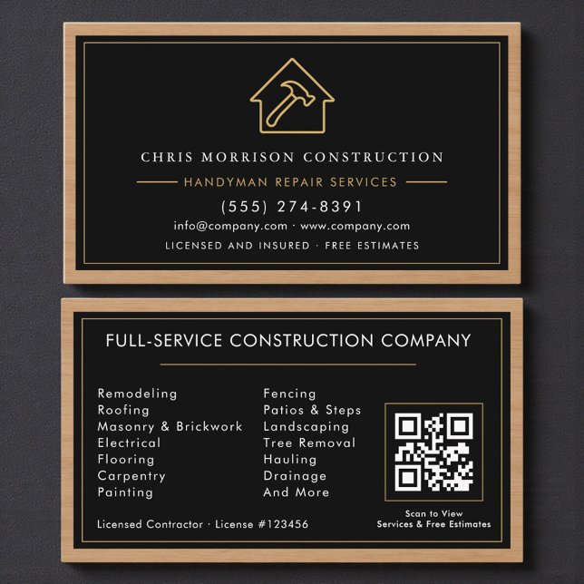 Carte De Visite Construction & Handyman QR Code Wood (Créateur téléchargé)