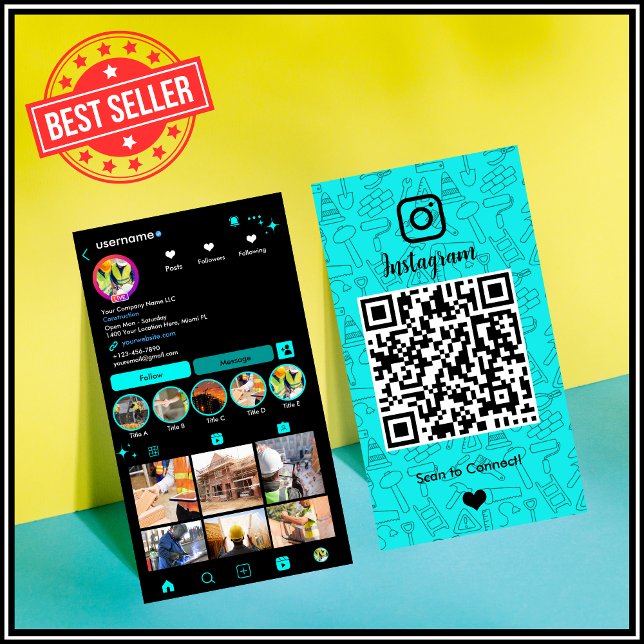Carte De Visite Construction Instagram Turquoise | Code QR (Créateur téléchargé)
