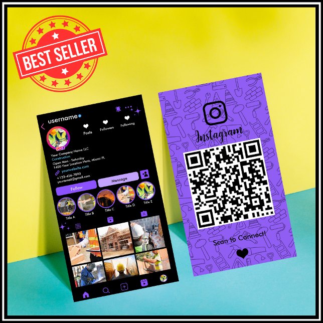 Carte de visite Construction Instagram Violet | QR (Créateur téléchargé)