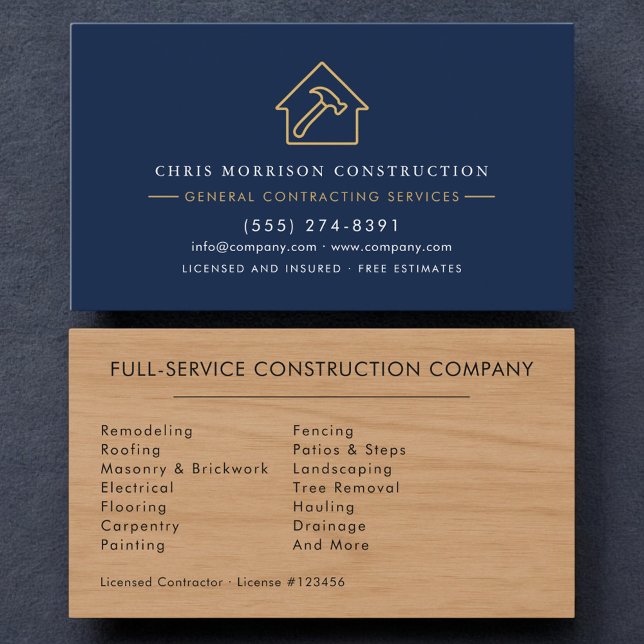 Carte De Visite Construction Luxe Bois Bleu Nuit Or (Créateur téléchargé)