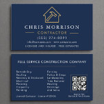 Carte De Visite Construction Marine Blue Gold QR Code<br><div class="desc">Un design carte de visite audacieux et professionnel adapté aux entreprises de construction et aux entrepreneurs. Doté d'un arrière - plan bleu marine aux accents dorés élégants, cette carte comprend un code QR scannable pour un accès rapide à votre site Web ou à vos détails de service. Parfait pour les...</div>