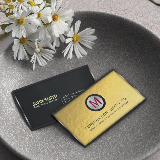 Carte De Visite Construction Métal Cadre Monogramme Faux Gold Foil (Créateur téléchargé)