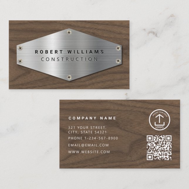 Carte De Visite Construction Metal QR Code Metallic Silver Wood (Devant / Derrière)
