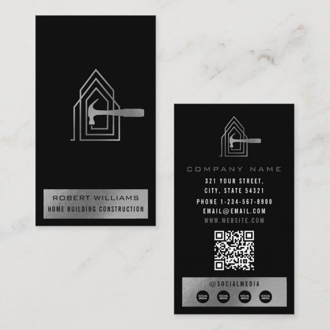 Carte De Visite Construction Moderne Noir Argent Maison Luxe Bâtim (Devant / Derrière)