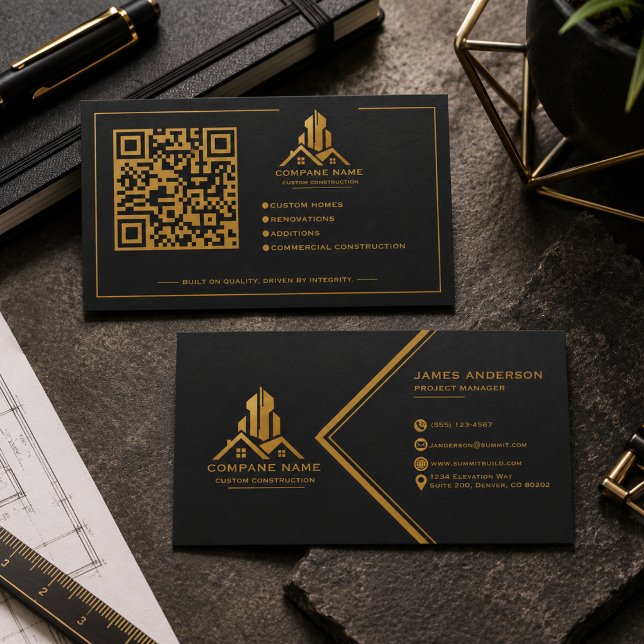 Carte De Visite Construction Or Moderne Noir Et Or  (Modern Professional Black Gold Construction Business Card)