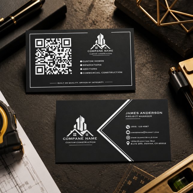 Carte De Visite Construction Or Moderne Noir Et Or  (Modern Professional Black Gold Construction Business Card
)