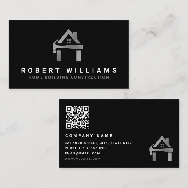 Carte De Visite Construction personnalisée Noir Argent Maison Luxe (Devant / Derrière)