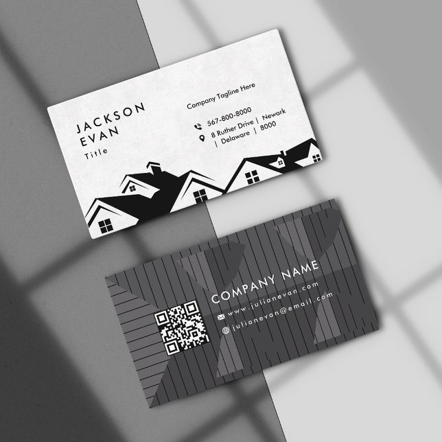 Carte De Visite Construction Professionnelle de Toitures Noir & Bl (Professional Black & White Roofing Construction Business Card)