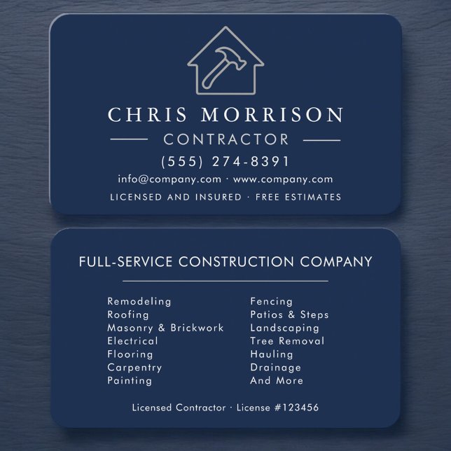 Carte De Visite Construction Simple Bâtiment Bleu Nuit Argent (Créateur téléchargé)