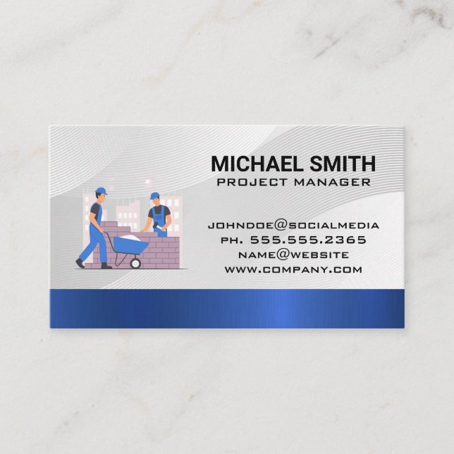 Carte De Visite Construction | Travailleur qualifié | Col bleu (Devant)