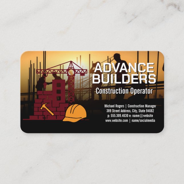 Carte De Visite Construction | Travailleurs sur site | Col bleu (Devant)