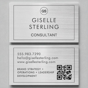 Carte De Visite Consultant de code QR - Monogramme d'argent brossé