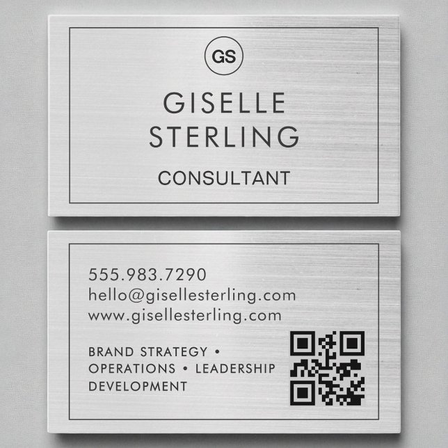 Carte De Visite Consultant de code QR - Monogramme d'argent brossé (Créateur téléchargé)