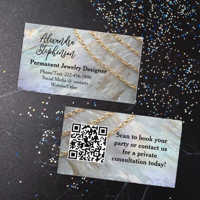 Carte De Visite Consultant en conception de bijoux permanents (permanent jewelry designer business cards with custom qr code)