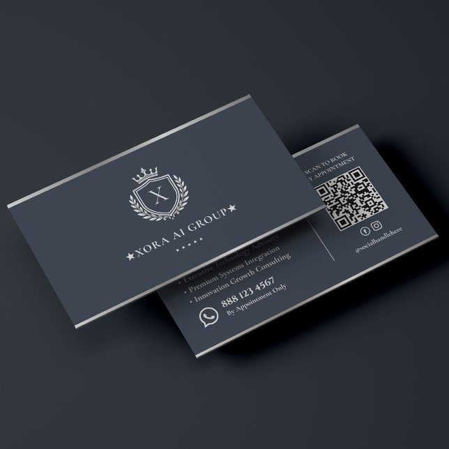 Carte De Visite Consultant en technologie IA de luxe Graphite Silv (Luxury AI Tech Consultant Graphite Silver Crest Business Card
)