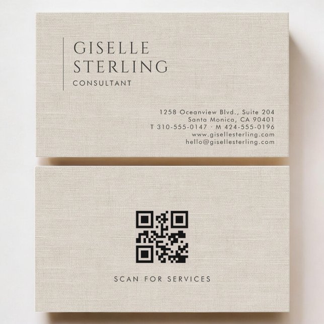 Carte De Visite Consultant Luxury Neutral Linen QR Code (Créateur téléchargé)