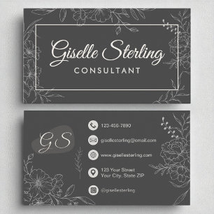 Carte De Visite Consultant Moody Charcoal Grey Floral Script