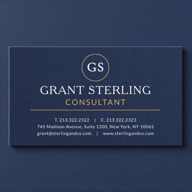 Carte De Visite Consultant Navy Blue Gold Luxury Linen (Créateur téléchargé)