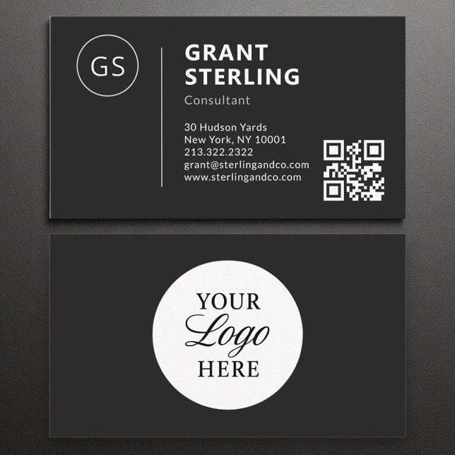 Carte De Visite Consultant noir blanc logo QR Code moderne (Créateur téléchargé)