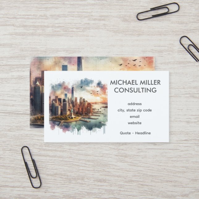Carte De Visite Consultation Aquarelle Skyline NYC  (Devant/Arrière en situation)