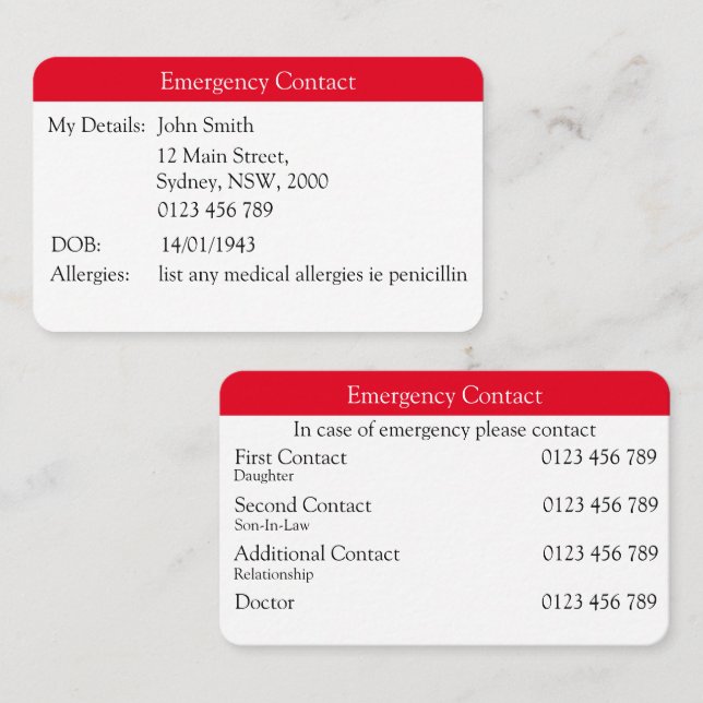 Carte De Visite Contact d'urgence (Devant / Derrière)