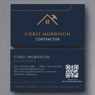 Carte De Visite Contractant Construction QR Code Marine Bleu Cuivr