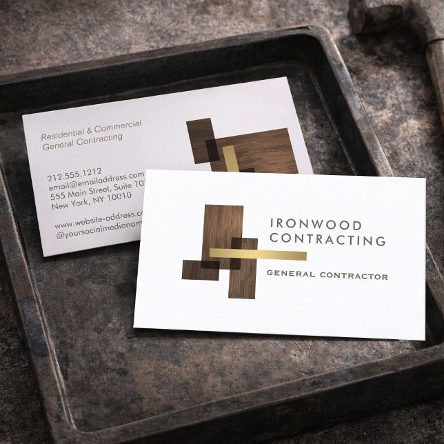 Carte De Visite Contractor Wood Gold Logo (Créateur téléchargé)