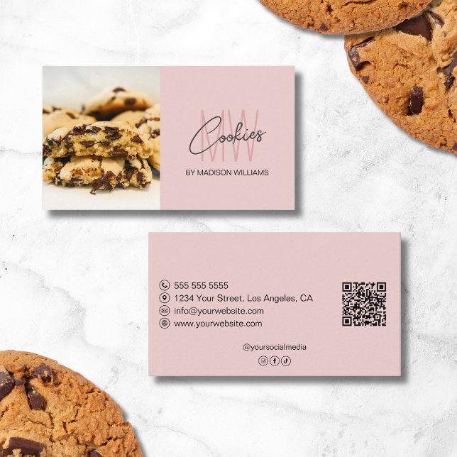 Carte De Visite Cookies Monogramme Logo Boulangerie Photo QR Rose (Cookies Monogram Logo Bakery Photo QR Pink Business Card)