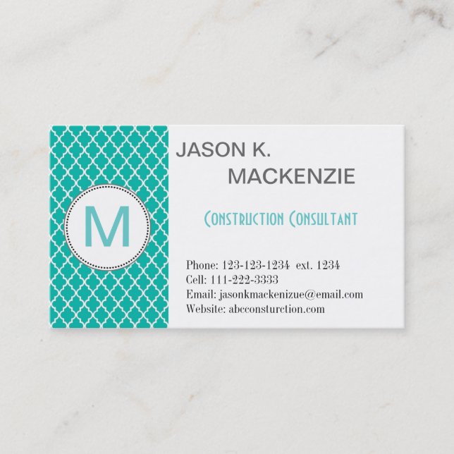 Carte De Visite Cool, moderne turquoise quatrefoil monogramme prof (Devant)