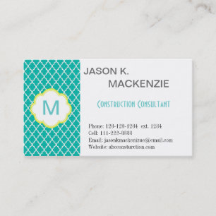 Carte De Visite Cool, moderne turquoise quatrefoil monogramme prof