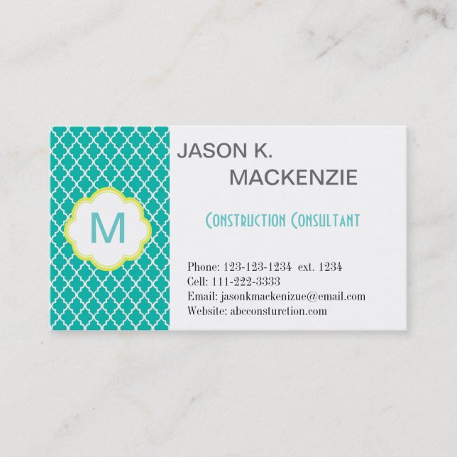 Carte De Visite Cool, moderne turquoise quatrefoil monogramme prof (Devant)