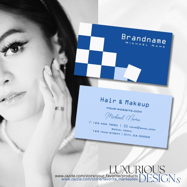 Carte De Visite Cool professionnel À damiers bleu et blanc élégant (Créateur téléchargé)