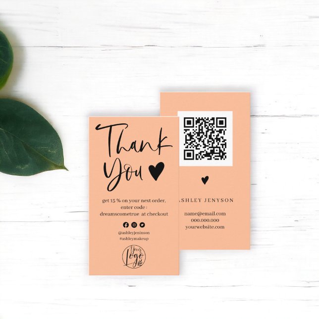 Carte De Visite Cool script noir logo pêche commander merci (Cool script black peach logo order thank you business card)