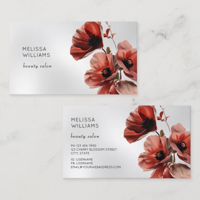 Carte De Visite Coquelicots Fleurs Argent (Devant / Derrière)