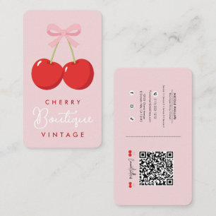 Carte De Visite Coquette Boutique Cerises Rouges avec Ruban Rose 